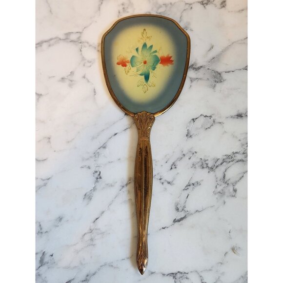 Vintage Handheld Vanity Mirror With Floral Design & Gold Tone Handle - Picture 1 of 3